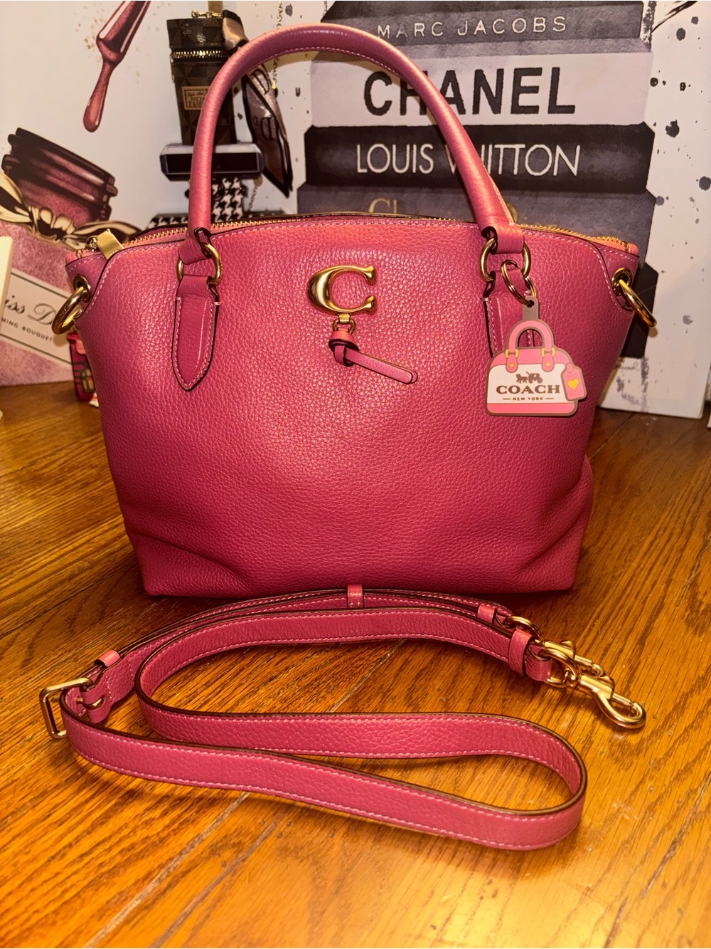 Coach Remi 1317 Pink Pebbled Leather Satchel Crossbody Gold Hardware